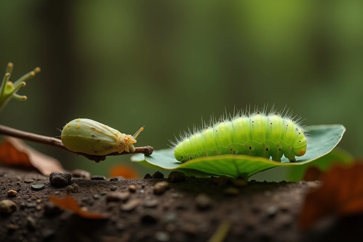 Chenille verte fluo près d'une chrysalide sur une branche, illustrant le cycle de métamorphose vers le papillon en lisière de forêt