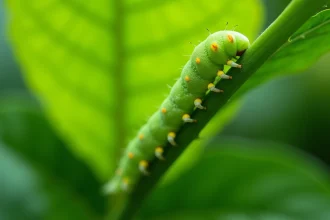 Chenille verte fluo accrochée sous une feuille verte dans un jardin naturel, vue macro détaillée de sa texture et de ses pattes