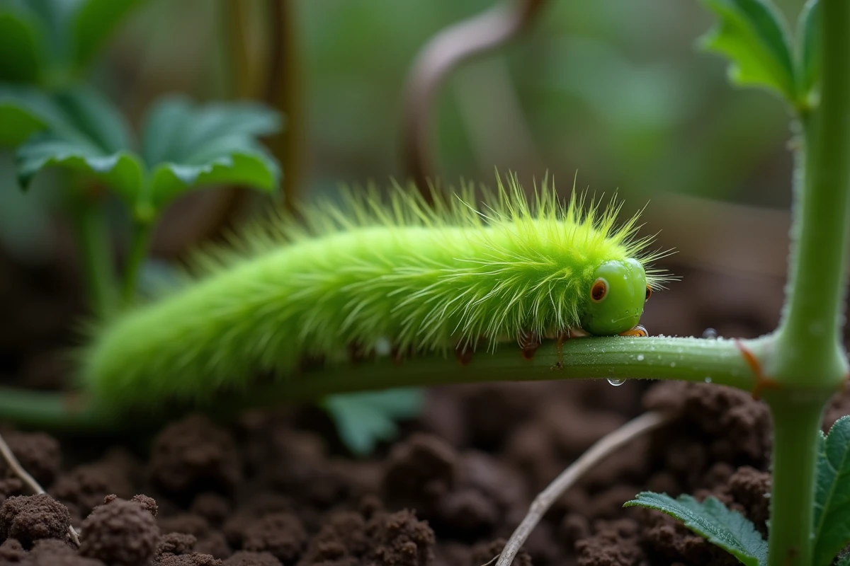 Chenille verte fluo en déplacement sur la tige d'une ortie, plante hôte typique photographiée dans un jardin naturel