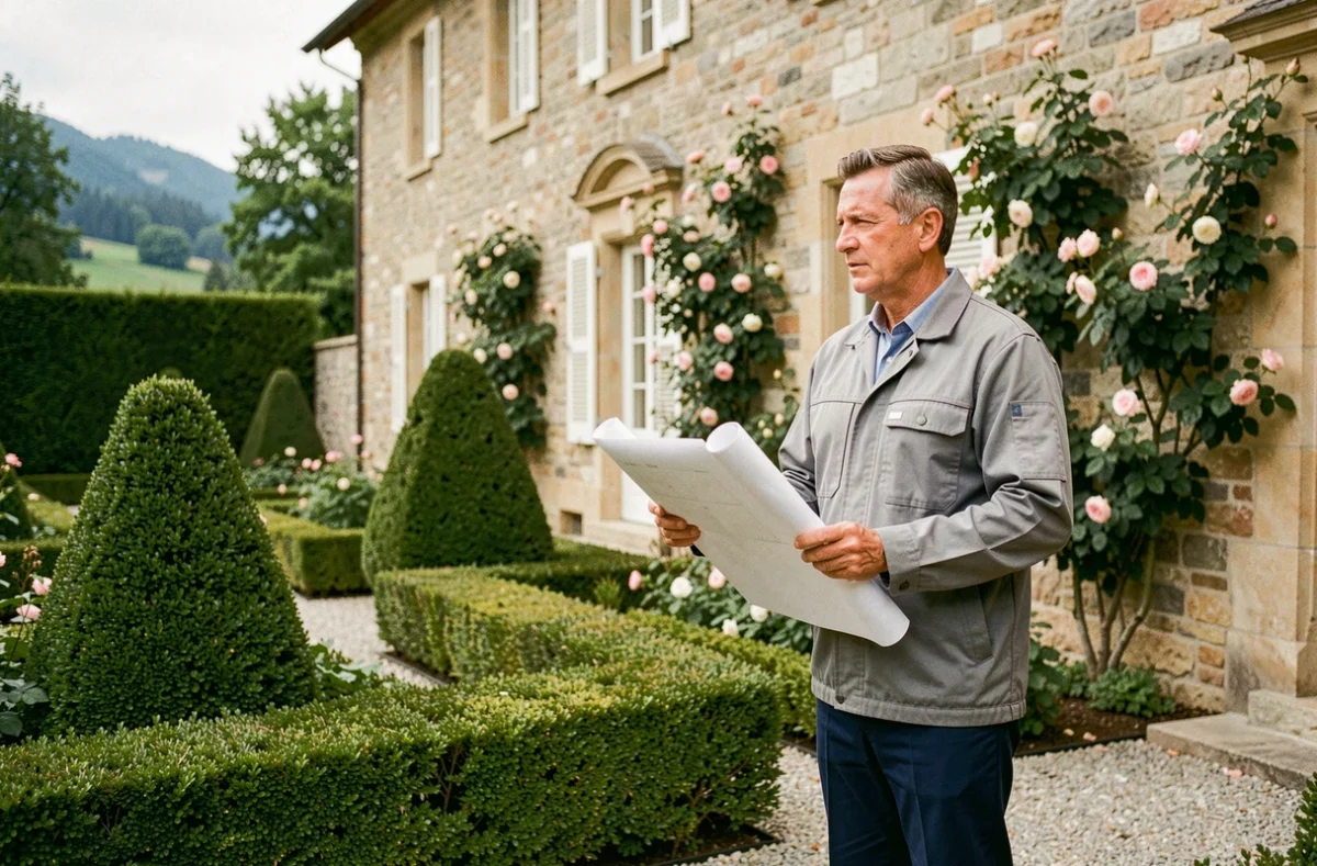 Christian Hénon Paysages, paysagiste devant un jardin à la française avec topiaires en if et allées en gravier près d'Annecy