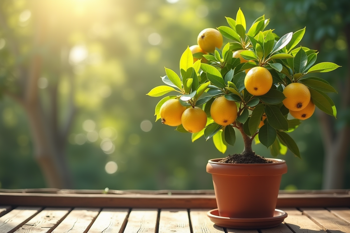 Citronnier en pot avec citrons jaunes sur balcon ensoleille