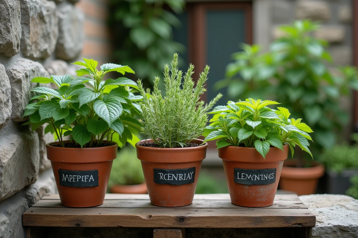 Étagère extérieure avec pots de menthe, romarin et citronnelle, plantes en pot efficaces contre les mouches au jardin