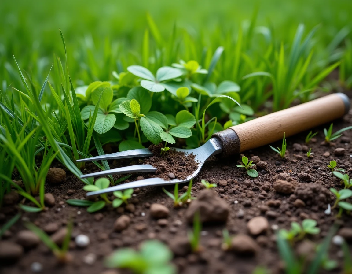 Gros plan sur la frontière entre gazon sain et zone envahie par les mauvaises herbes avec outil de désherbage