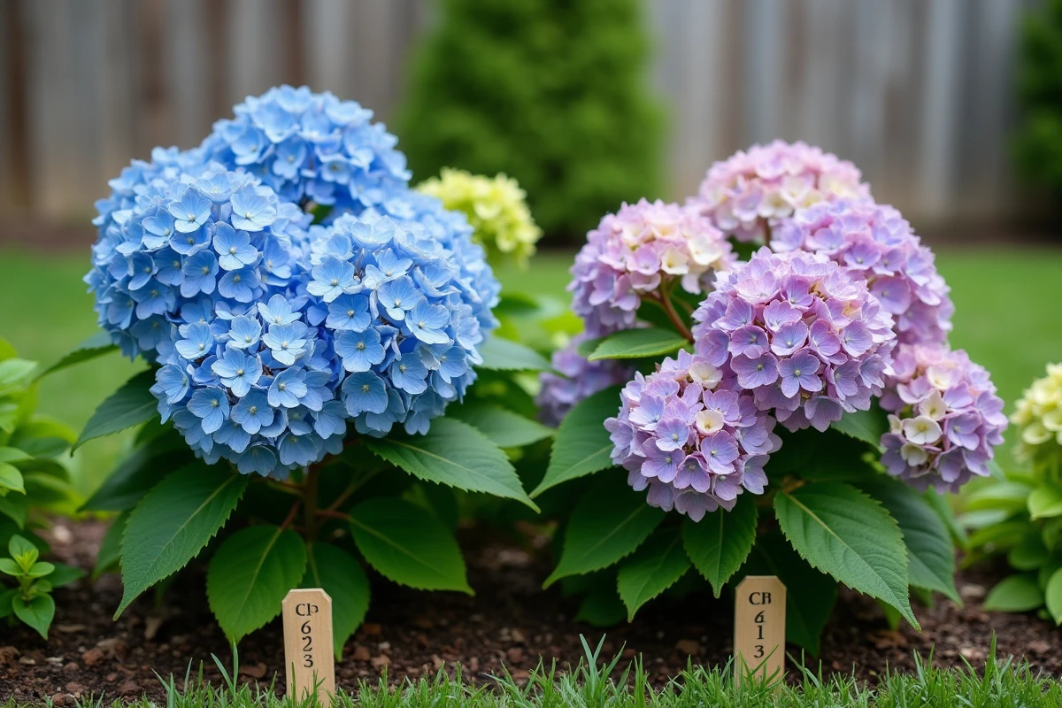 Comparaison de deux hortensias côte à côte : l'un bien bleu grâce à un sol acidifié, l'autre rose par manque d'amendement