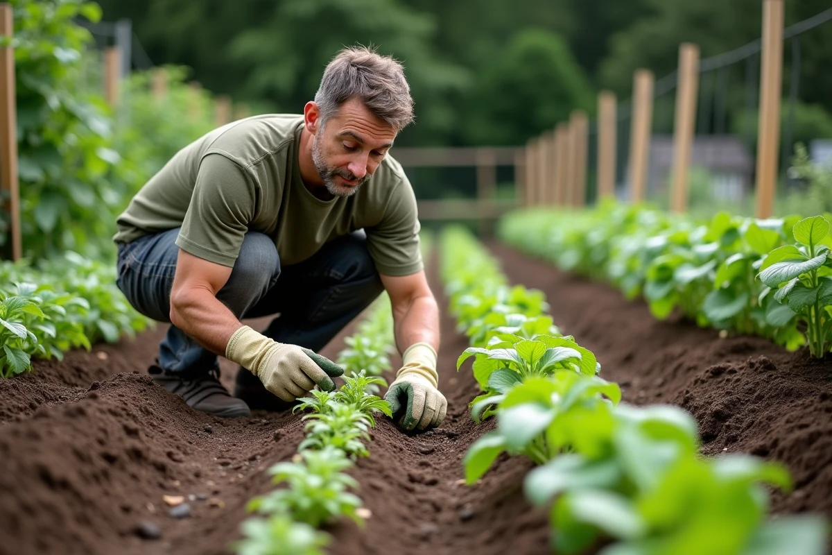 Jardinier comparant deux rangées de semis de haricots, l'une saine et l'autre chétive, dans un potager en pleine terre