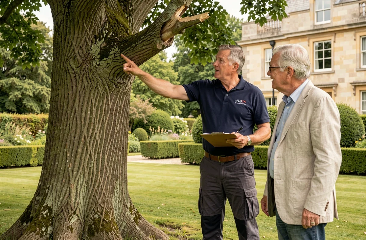 Consultant en élagage expliquant les travaux nécessaires à un propriétaire devant un hêtre mature dans un jardin de domaine privé