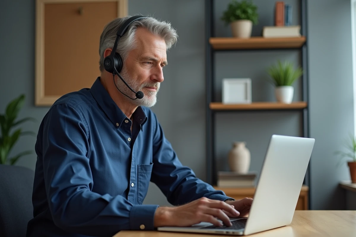 Homme contactant le service après-vente KIMEO France depuis son bureau à domicile via un ordinateur portable