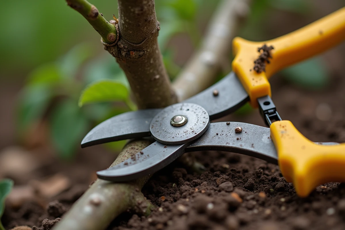 Gros plan sur une coupe de taille nette sur un jeune mûrier avec un sécateur posé à côté, montrant le bois vert et les bourgeons naissants