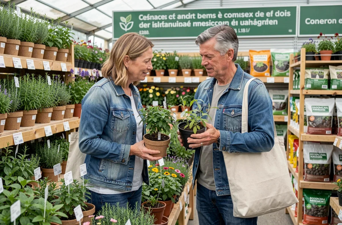 Couple comparant des plantes indigènes et les prix dans une jardinerie pour budgéter un jardin écologique en 2026
