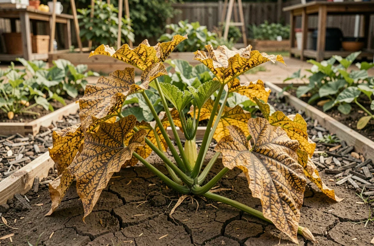 Pied de courgette en pleine terre avec des feuilles jaunissantes et des taches de maladie dans un potager
