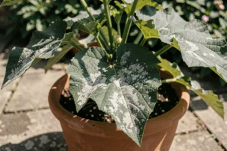 Plant de courgette en pot avec des feuilles atteintes d'oïdium, taches blanches visibles sur le feuillage vert