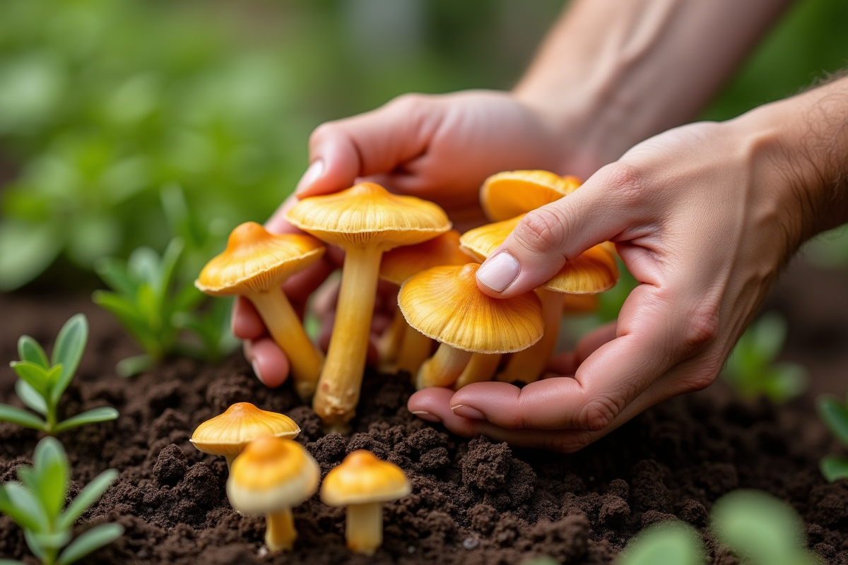 Mains de jardinier récoltant des girolles dorées