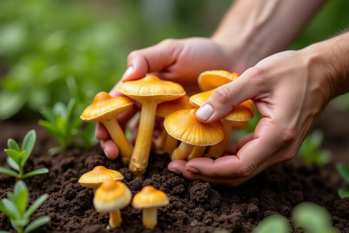 Mains de jardinier récoltant des girolles dorées