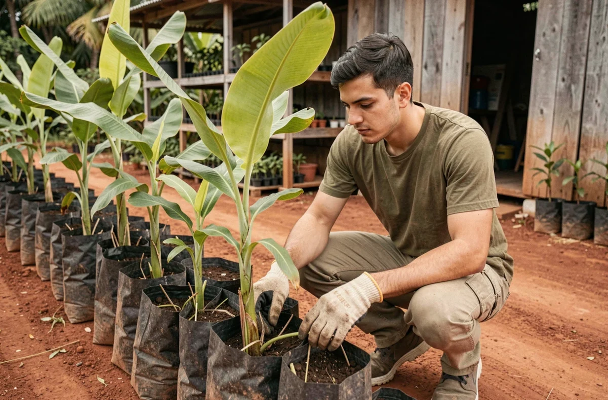 Jeune homme vérifiant la croissance de jeunes bananiers cultivés sans graines en pépinière tropicale