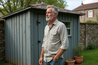 Propriétaire devant son abri de jardin en bois se demandant s'il doit le déclarer aux impôts