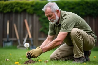 Homme effectuant un désherbage manuel en arrachant un pissenlit à la main dans un jardin résidentiel