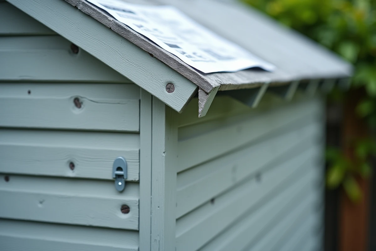 Détail des assemblages et matériaux d'un cabanon bon marché vendu en kit, montrant les fixations et finitions