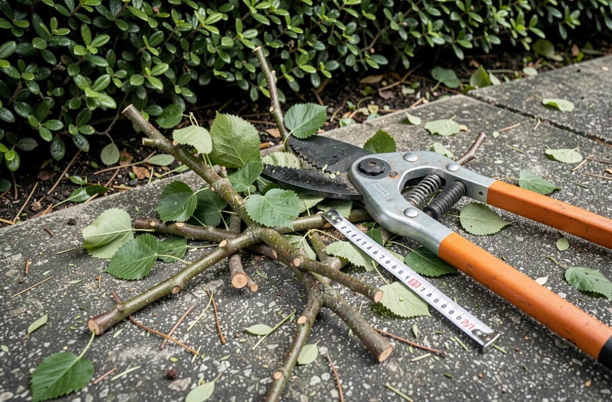 Détail de branches taillées et d'outils de taille sur un chemin de jardin à Caen