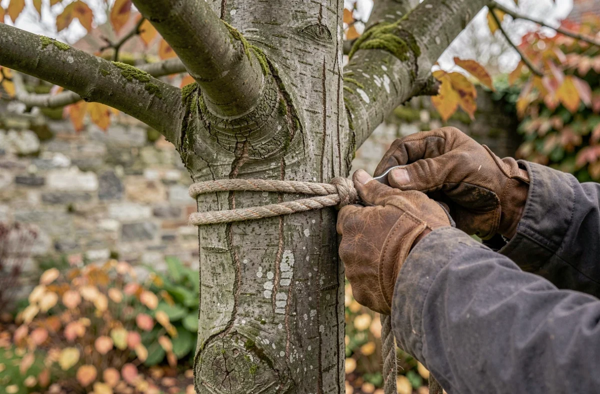 Gros plan sur les mains d'un élagueur attachant une corde de sécurité à une branche avant élagage