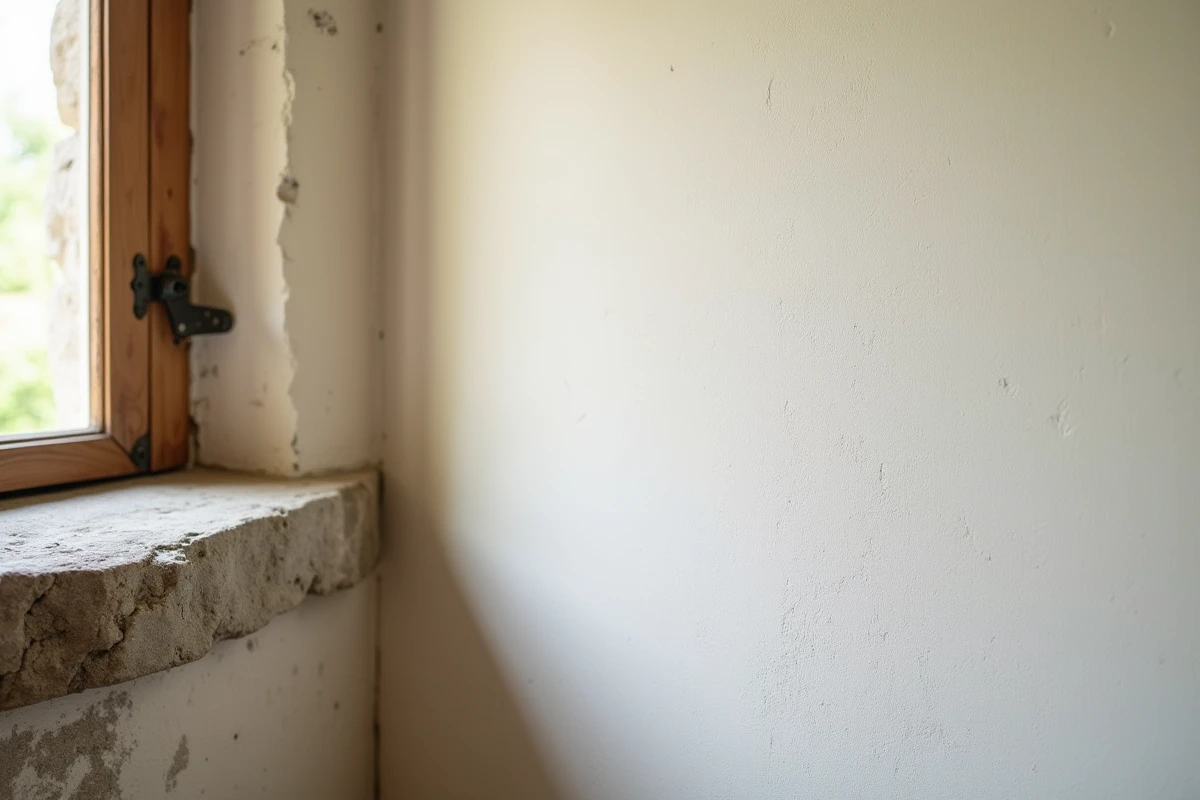 Gros plan sur un mur en enduit ancien fraîchement peint avec une technique airless dans une maison de campagne restaurée