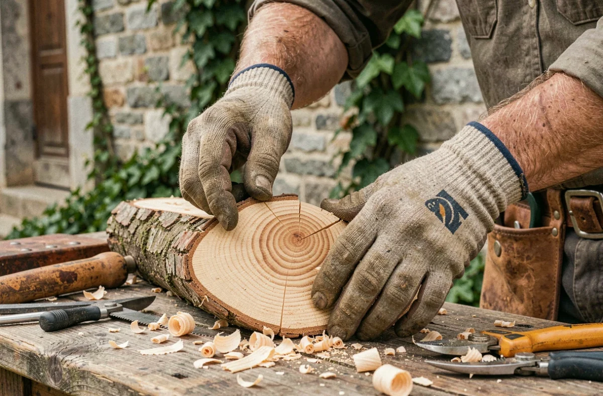 Gros plan sur les mains d'un élagueur examinant une coupe de tronc avec les cernes de croissance visibles en Dordogne