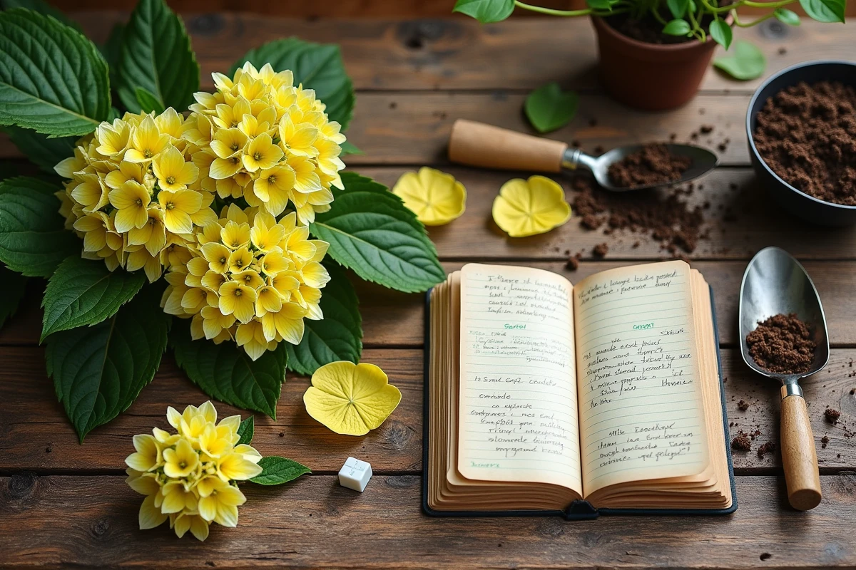 Plateau de diagnostic pour hortensias avec feuilles jaunes, kit de test pH et carnet de jardinage sur table en bois rustique