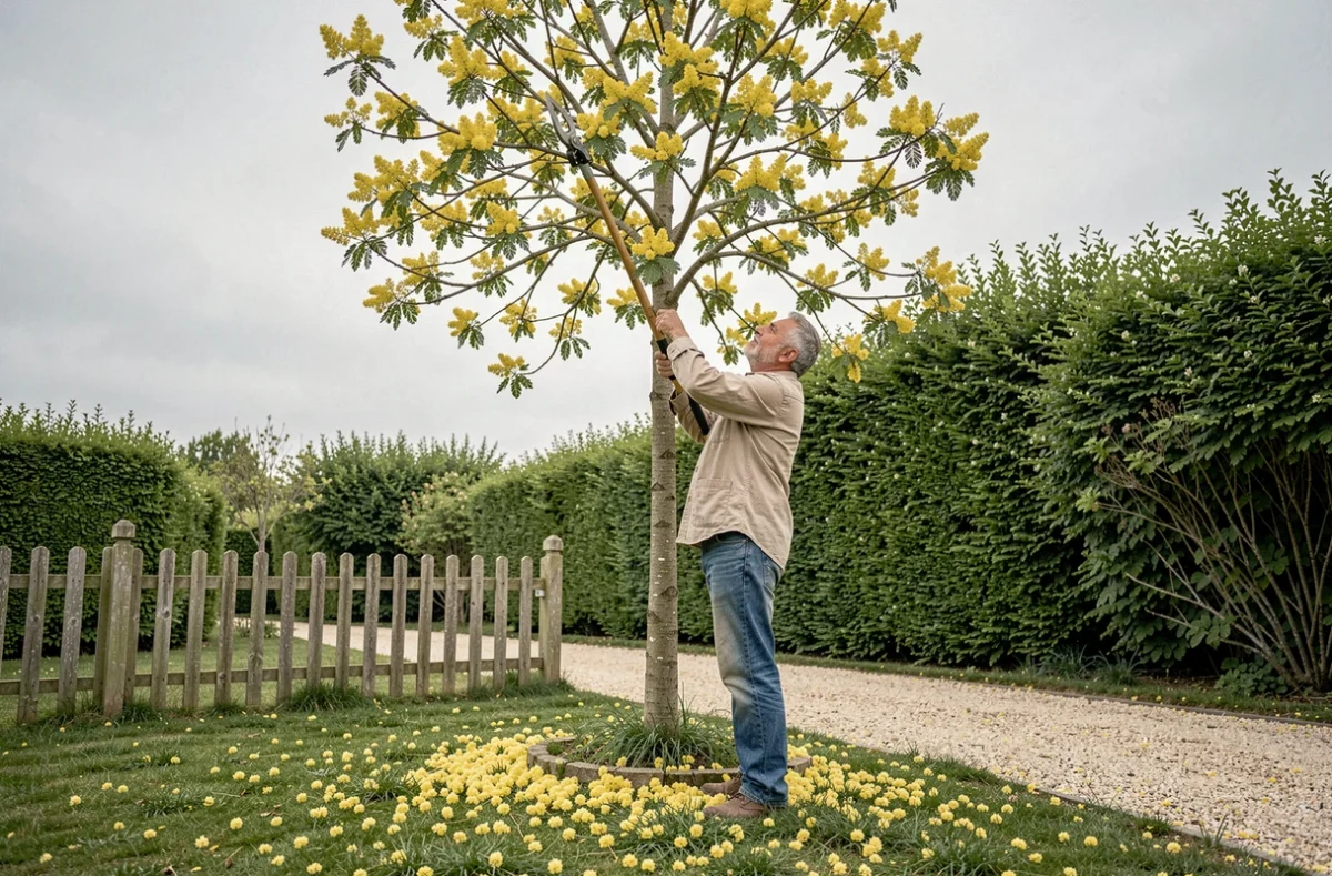 Homme utilisant un élagateur à long manche pour tailler un grand mimosa en fleurs dans un jardin de campagne