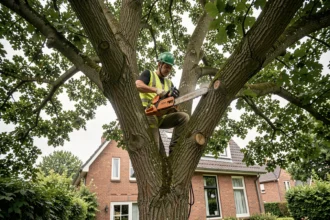 Élagueur professionnel en harnais perché dans un grand chêne lors d'une intervention d'élagage à Lille