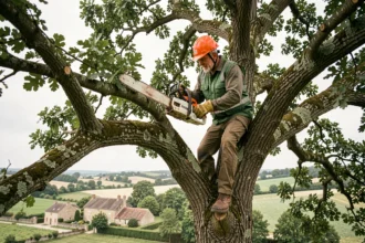 Élagueur professionnel en tenue de sécurité taillant un chêne en Dordogne avec vue sur la campagne périgourdine