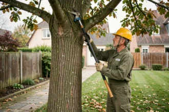 Élagueur professionnel en combinaison de travail taillant les branches d'un chêne dans un jardin résidentiel français
