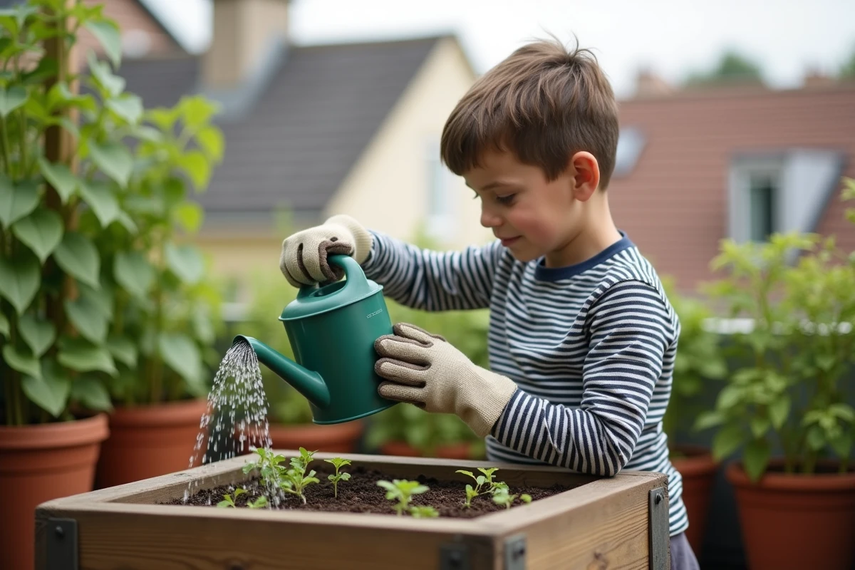 Jeune garçon arrosant un potager en carré sur une terrasse urbaine avec un arrosoir
