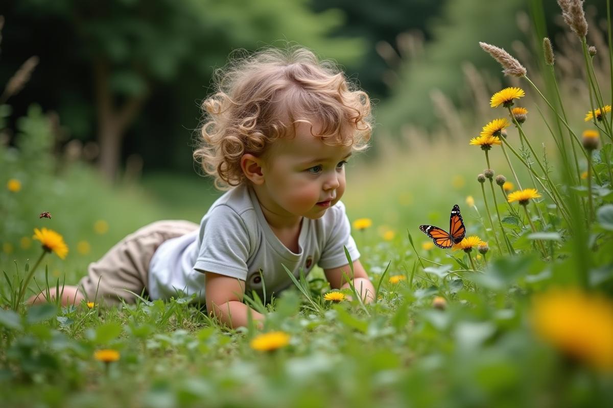 Jeune enfant regardant un papillon dans un jardin sauvage
