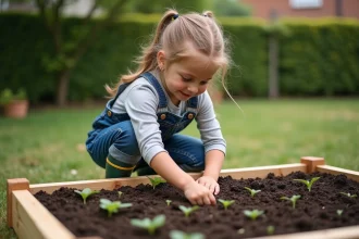 Jeune fille plantant des semis dans un potager en carré en bois dans un jardin familial