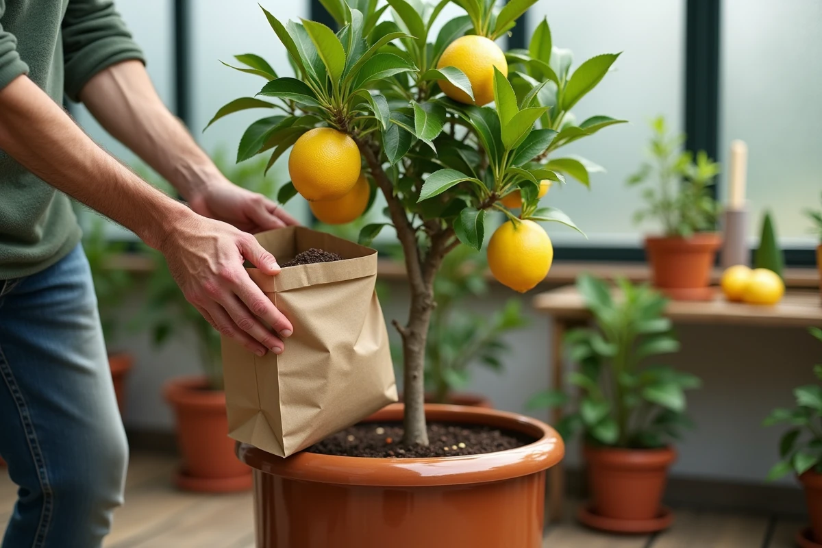 Mains versant de l'engrais granulaire sur un citronnier aux feuilles jaunissantes dans une véranda