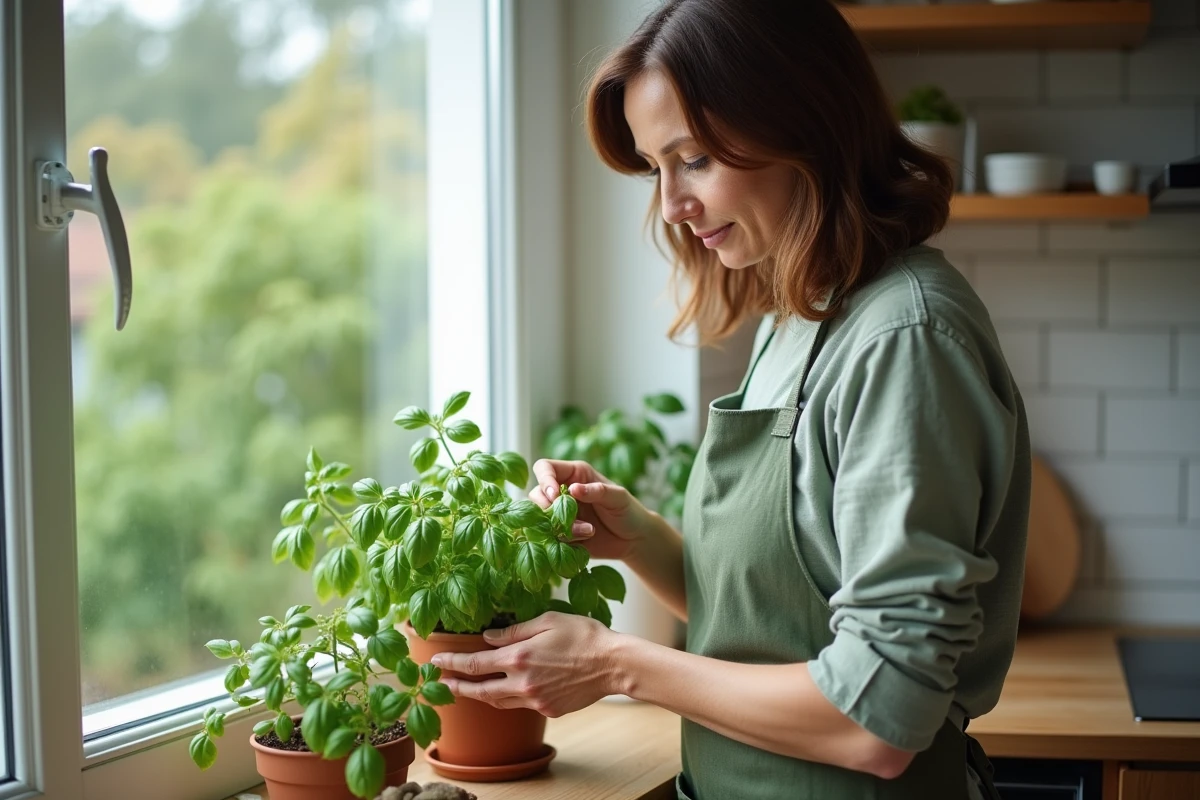 Femme entretenant un pot de basilic sur un rebord de fenêtre de cuisine pour repousser naturellement les mouches