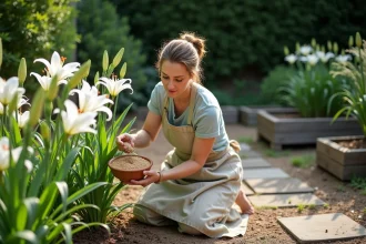 Femme appliquant de l'engrais granulaire au pied de lys blancs dans un jardin fleuri