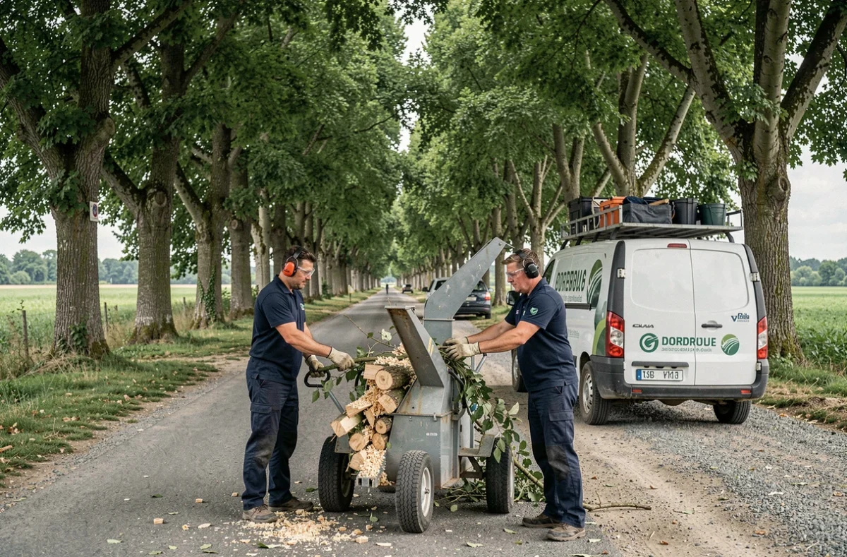 Équipe d'élagueurs utilisant un broyeur de branches sur une route bordée de platanes en Dordogne