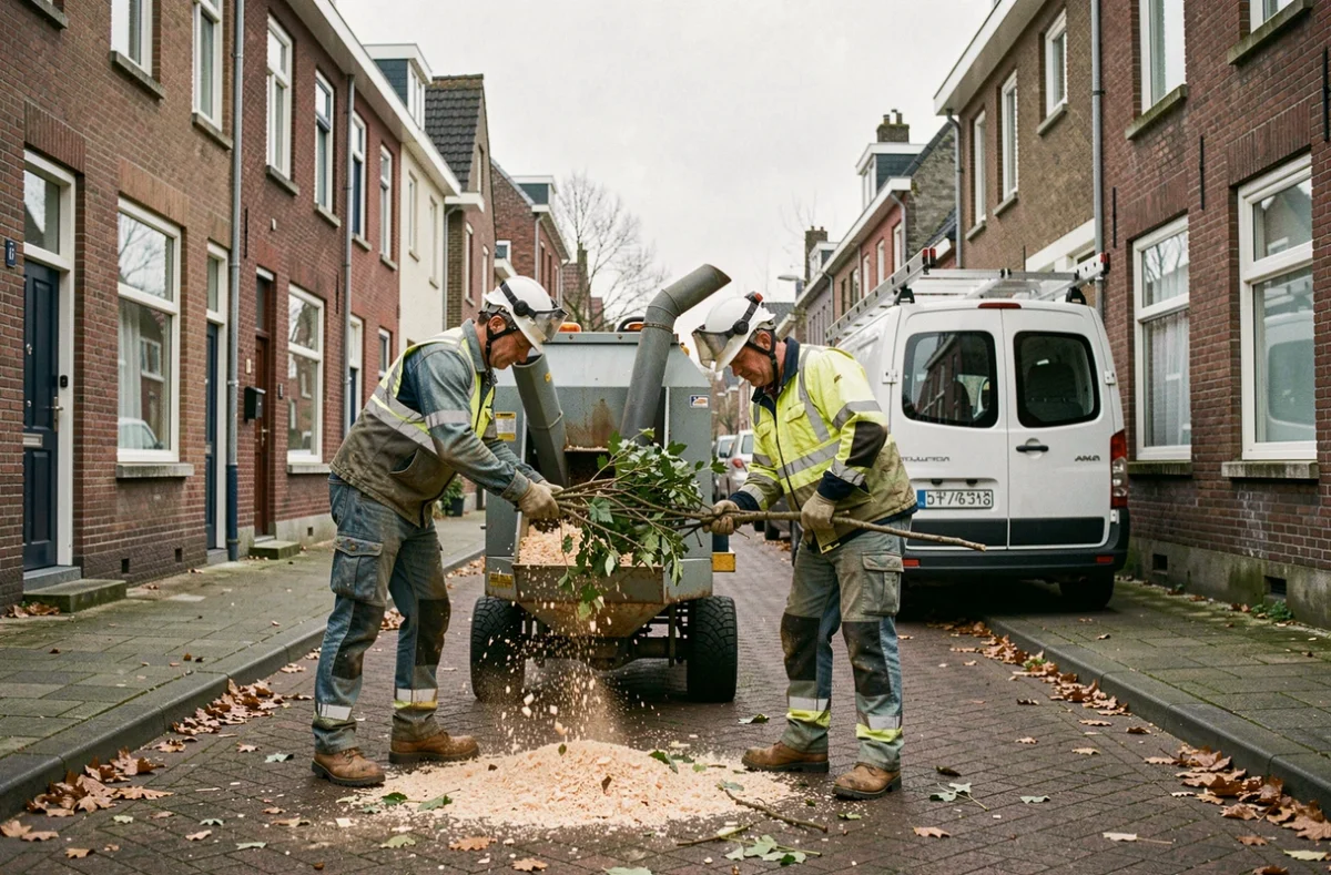 Équipe d'élagueurs utilisant un broyeur de branches dans une rue résidentielle de Lille