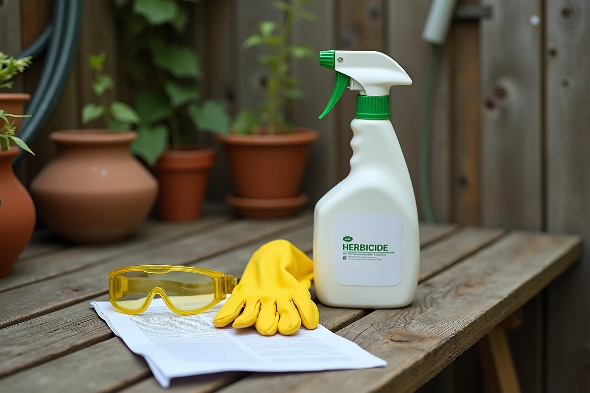 Équipements de protection et désherbant posés sur un établi de jardin en bois avec notice d'utilisation