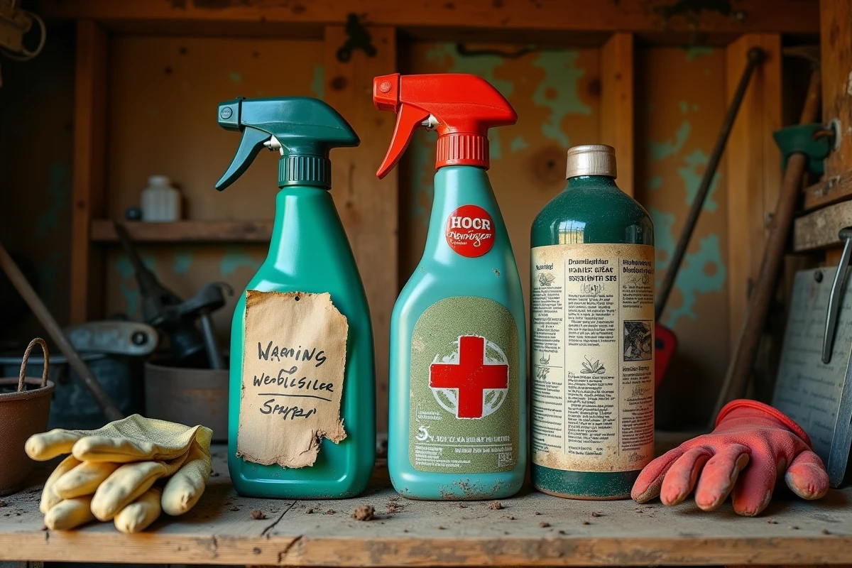 Vue en plongée d'un établi de jardin avec des bouteilles de débroussaillants dont un produit interdit marqué d'un avertissement