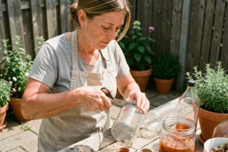 Femme fabriquant un piège à frelons artisanal avec des bouteilles en plastique recyclées dans un jardin