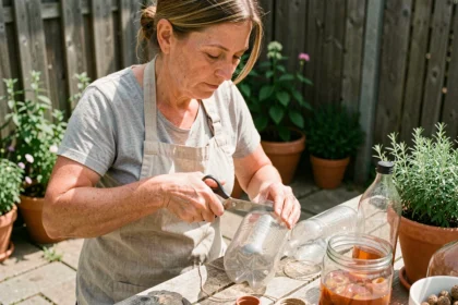 Femme fabriquant un piège à frelons artisanal avec des bouteilles en plastique recyclées dans un jardin