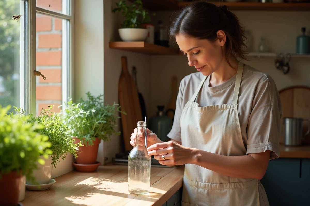 Femme fabriquant un piège à guêpes maison en coupant une bouteille en plastique dans une cuisine rustique