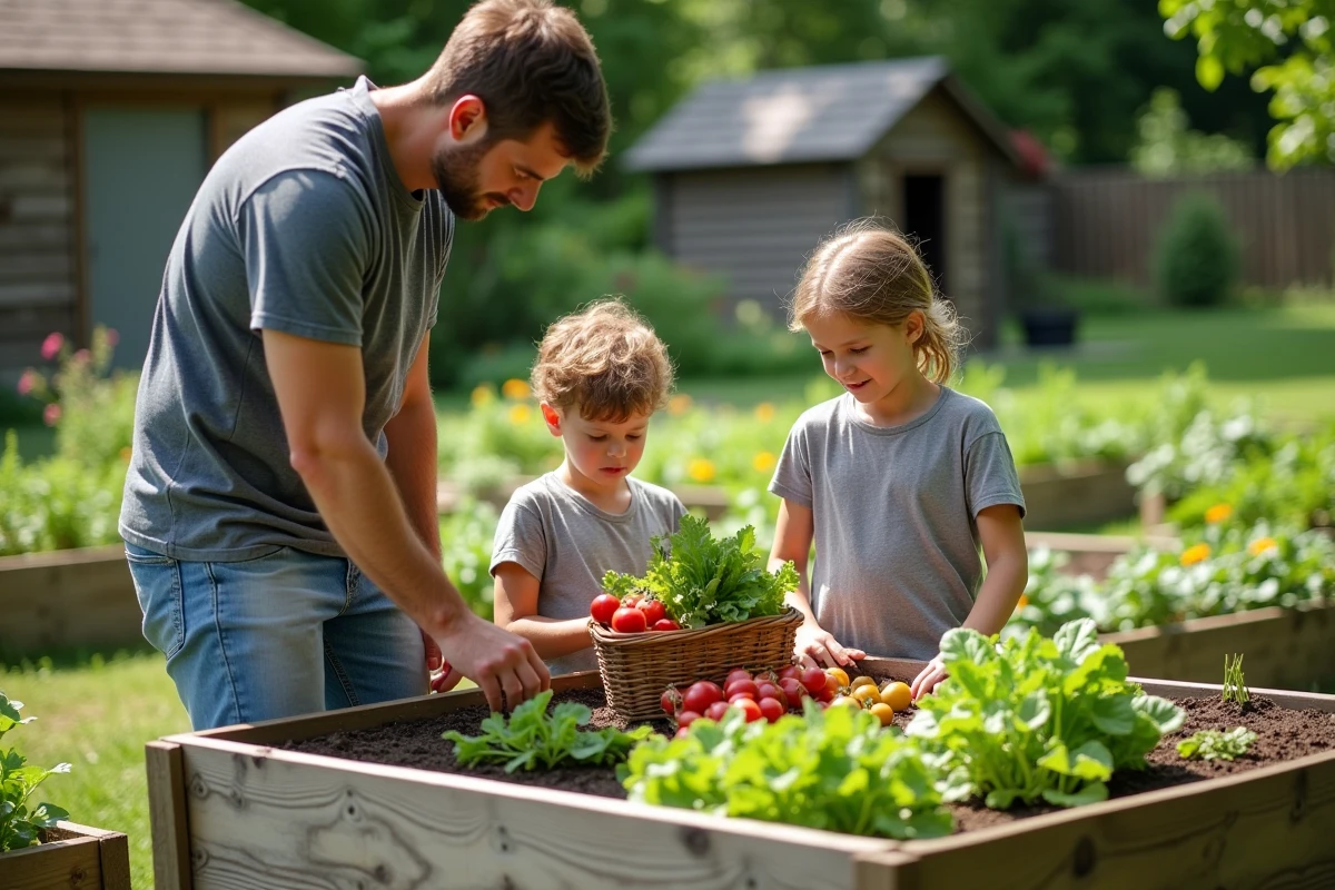 Père et enfants récoltant des légumes ensemble dans un potager en carré familial