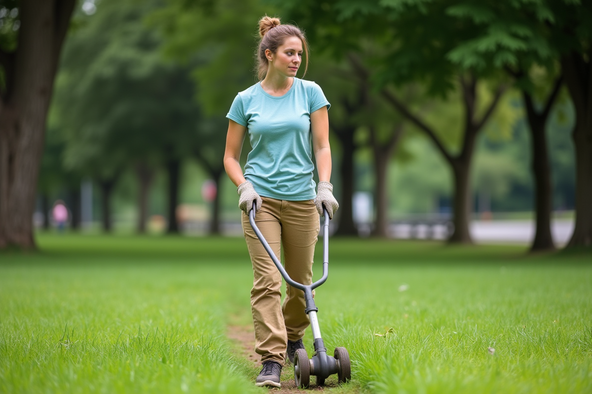 Jeune femme utilisant un aérateur de pelouse dans un parc