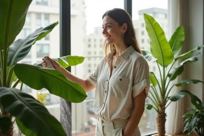 Femme souriante arrosant un bananier d'intérieur lumineux