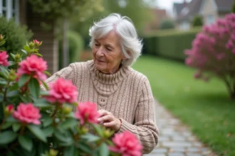 Femme soignant une azalee en jardin résidentiel printanier