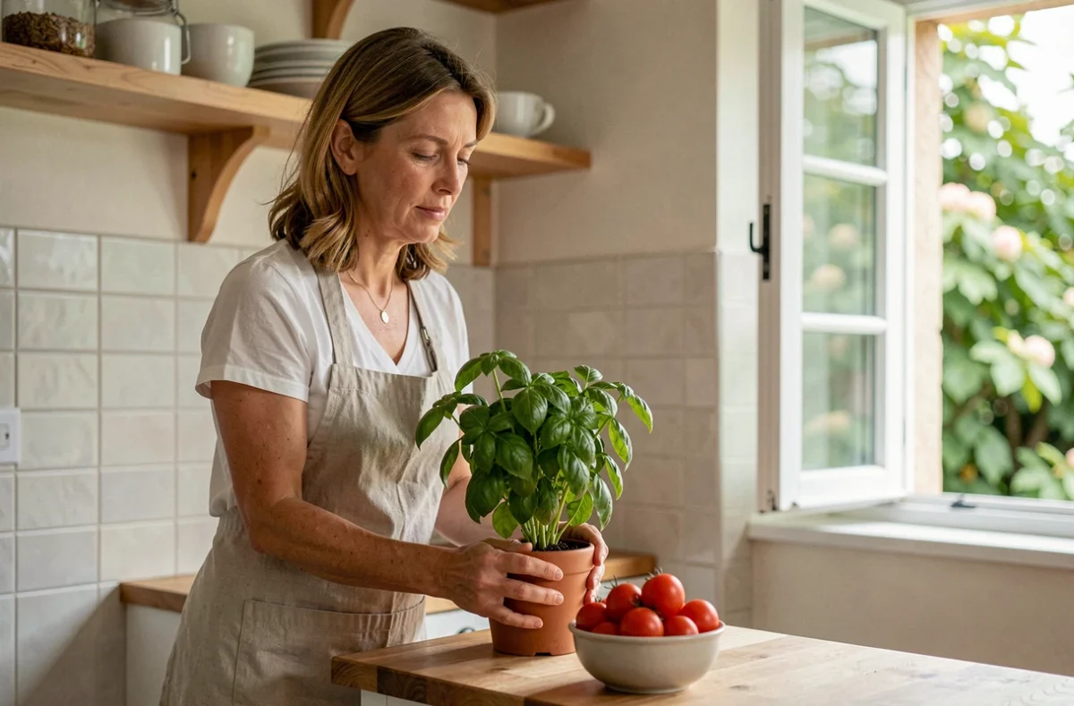 Femme plaçant un plant de basilic en pot sur le plan de travail de sa cuisine pour éloigner les mouches