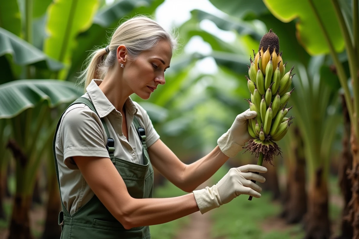 Femme botaniste examinant un bananier en pleine floraison