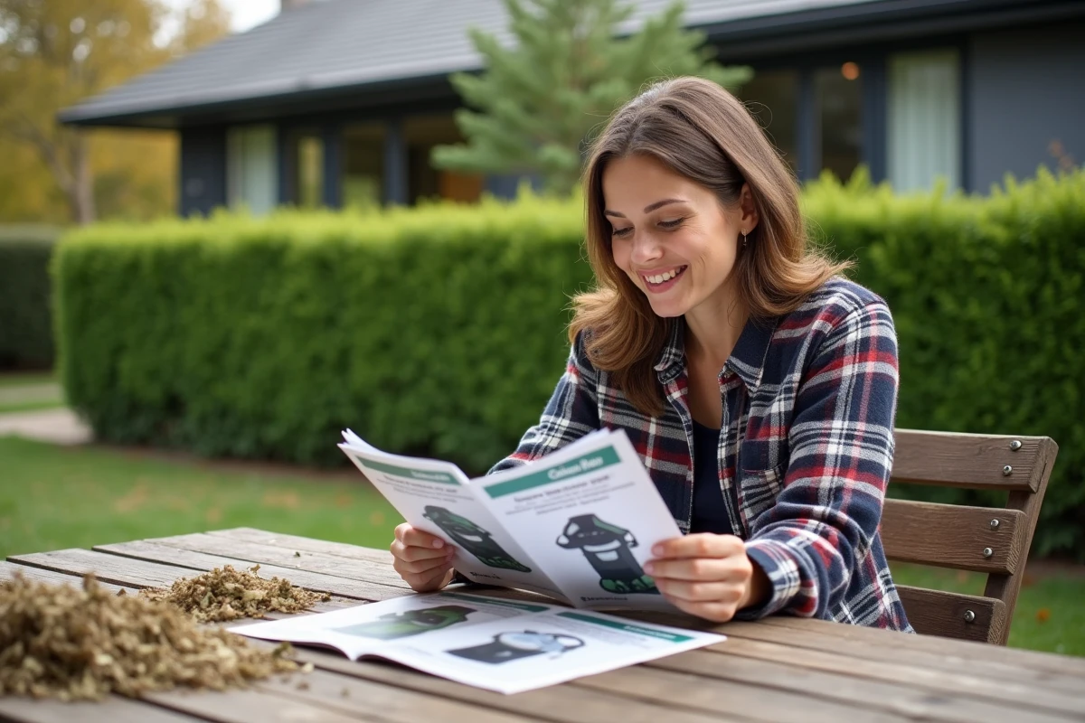 Femme examine brochure sur déchiqueteuse de jardin